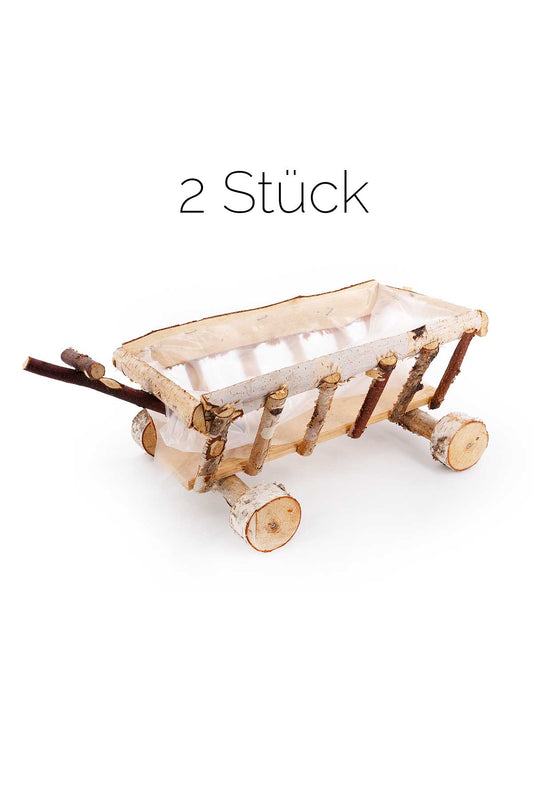 Dekoratives Natur-Set: 2 Holzwagen & 4 Pflanzkästen (2x L, 2x S) aus Birkenholz - dekogreen