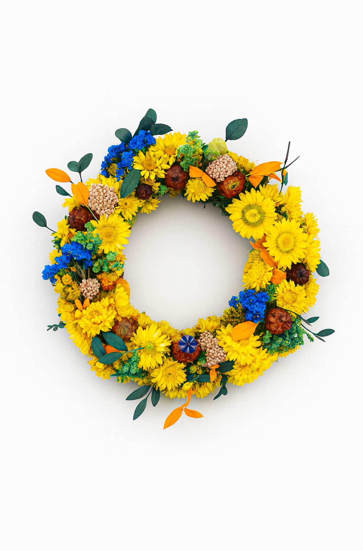 Trockenblumenkranz Gelb Blau Ø 30 cm – Boho Dekokranz mit Eukalyptus &