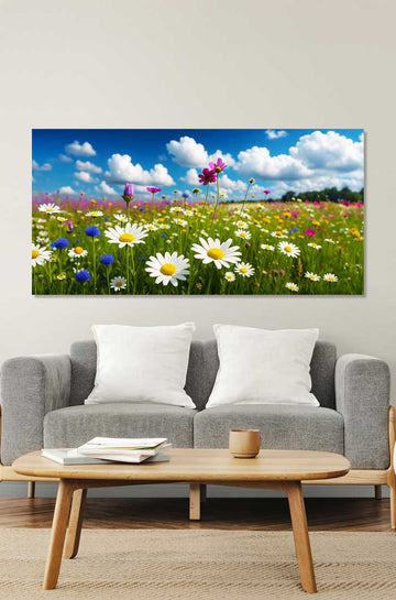 Leinwandbild Blumenwiese 160x80 cm – Naturmotiv mit Sommerblumen als Wanddeko über Sofa