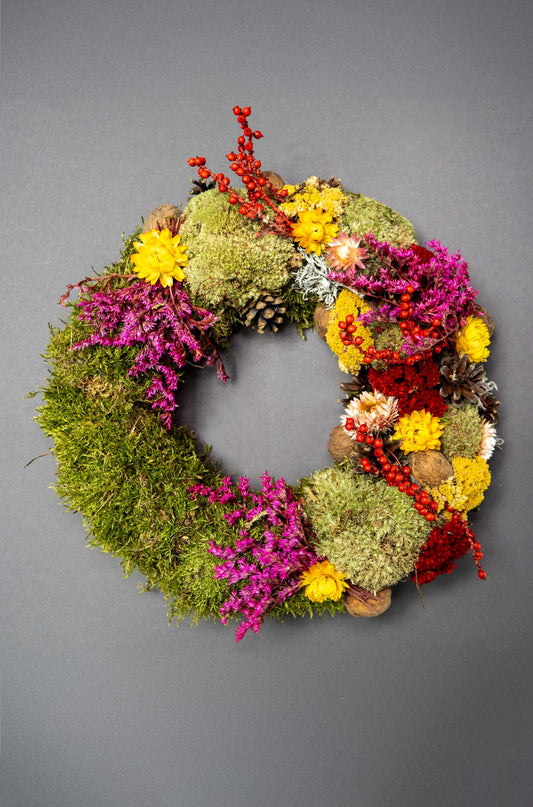 Türkranz Herbst Farbenmix – Handgefertigter Mooskranz – Für Zuhause und Geschenk, ⌀ 30 cm