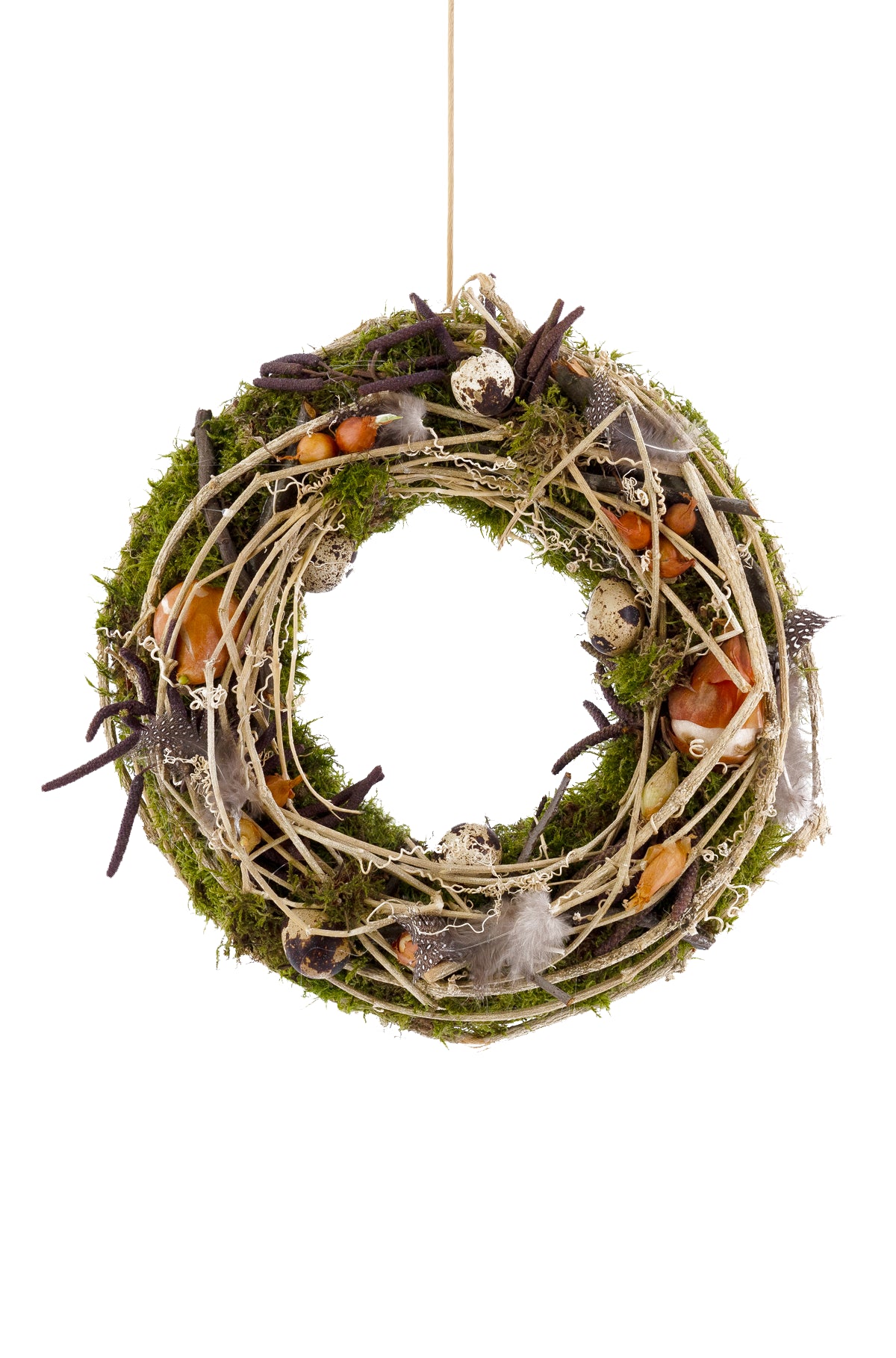 Handgefertigter Frühlingskranz aus Weinrebe und Moos , 33cm Durchmesser, Naturkranz aus  natürlichen Materialien wie Moos, Birkenholzzweige, Federn, Wachteleier und Blumenzwiebeln, Dekoration für die Haustür oder Wohnraum, Naturmoos, kein Plastik, Handarbeit