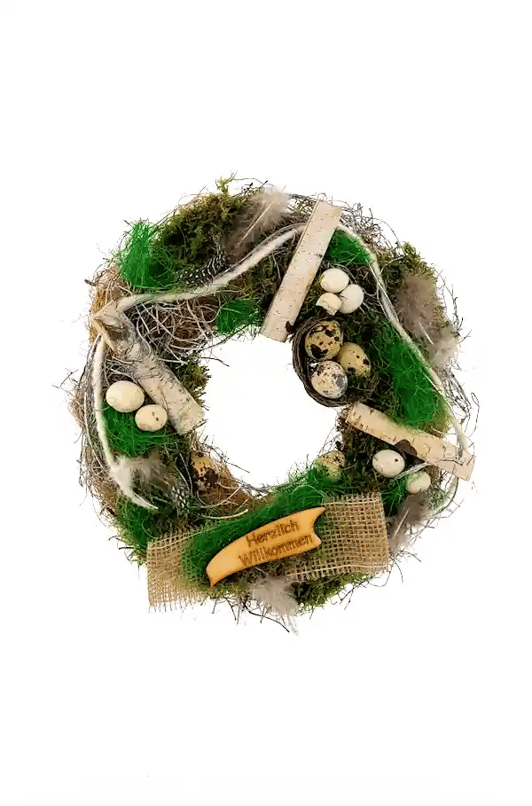 360 Grad Ansicht, Frühlingskranz aus Sisal mit 'Herzlich Willkommen'-Schild, repräsentiert Natur und Gastfreundschaft. Handgefertikt in Deutschland, Naturprodukt ohne Plastik , ohne Kunststoff,hangefertikt als Dekoration für die Haustür oder Wohnraum