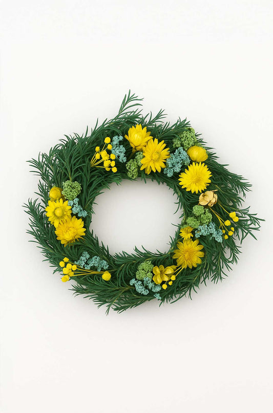 Produktfoto frontal: „Trockenblumenkranz Gelb Grün Ø 30 cm mit Strohblumen und Statice – Boho Deko“