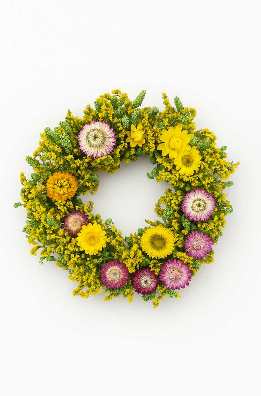 Trockenblumenkranz Gelb Violett Ø 30 cm – Boho Dekokranz mit Strohblumen & Statice