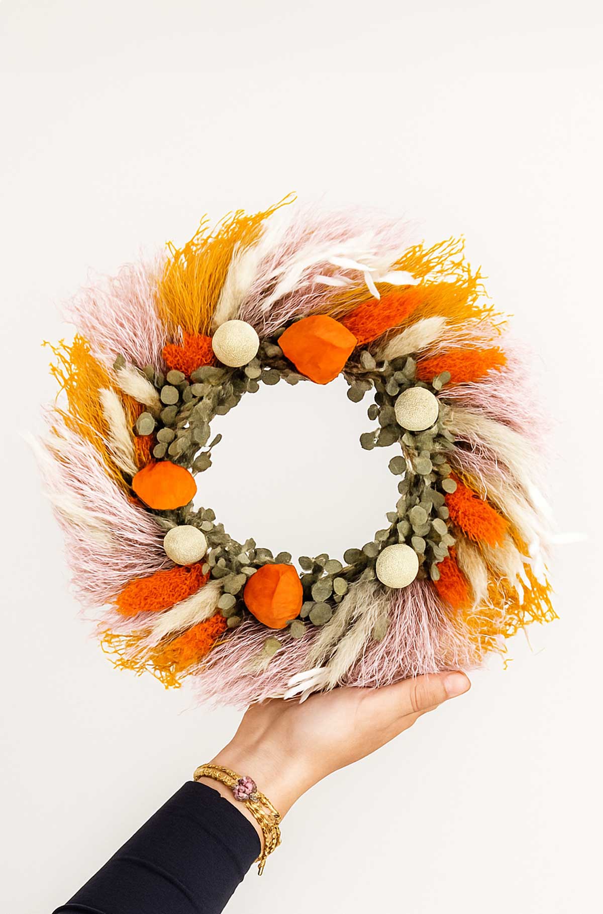Boho Trockenblumenkranz Orange Rosa Ø 30 cm mit Eukalyptus