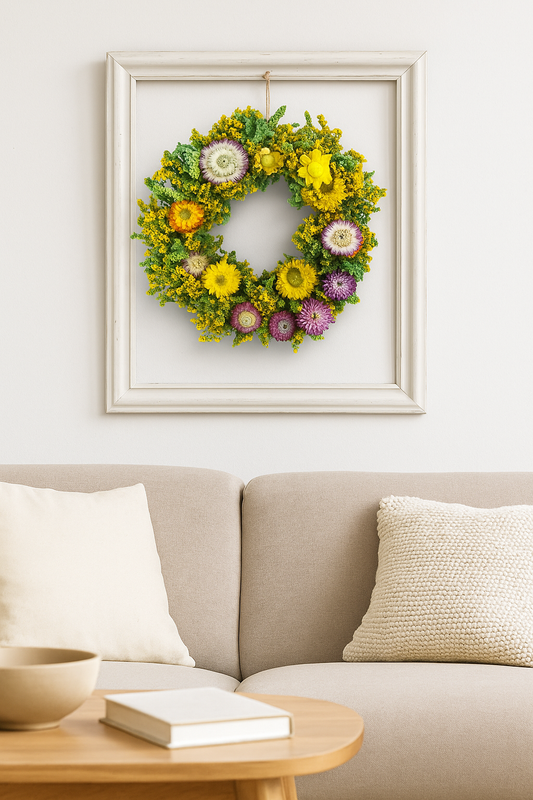 Boho Dekokranz mit Strohblumen & Statice - Trockenblumenkranz Gelb Violett Ø 30 cm