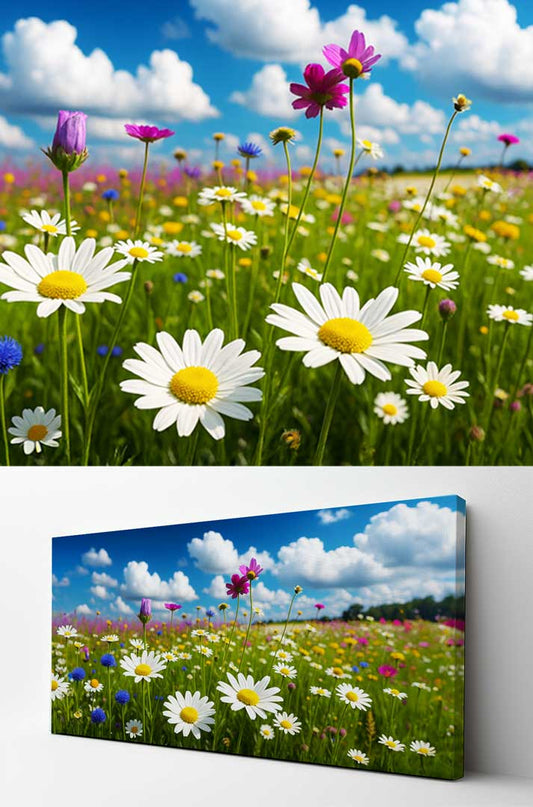 Detailansicht Fotoleinwand Blumenwiese mit Margeriten, Gänseblümchen und Sommerhimmel – Leinwanddruck ohne Rahmen