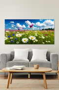 Leinwandbild Blumenwiese 160x80 cm – Naturmotiv mit Sommerblumen als Wanddeko über Sofa