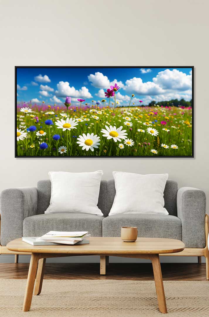 Leinwandbild Blumenwiese mit schwarzem Schattenfugenrahmen – Natur Wandbild als stilvolle Wohnzimmer-Deko