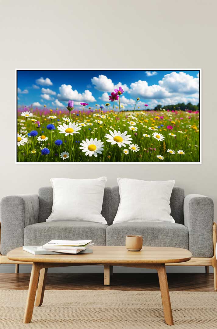 Leinwandbild Blumenwiese mit weißem Schattenfugenrahmen – Naturmotiv 160x80 cm über Sofa dekoriert